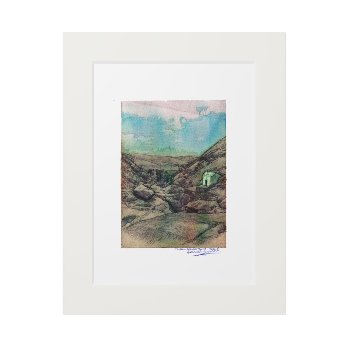 Fine art print with passepartout mount of a serene coastal cliff illustration from Fuerteventura, Canary Islands