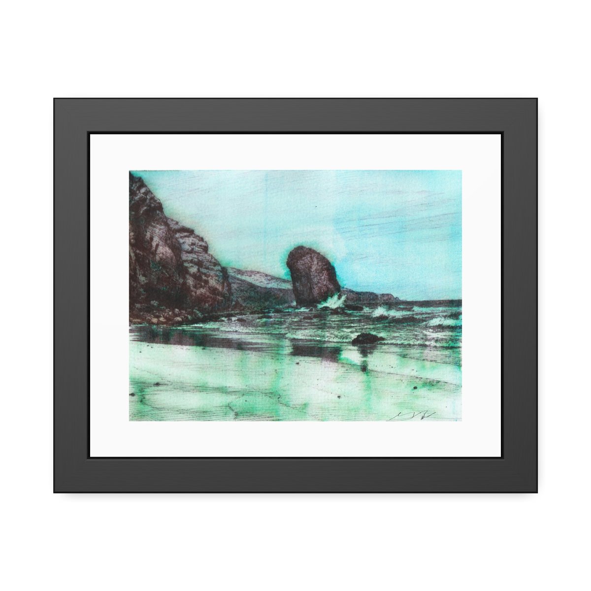 Framed coastal art print of turquoise waves breaking around dark volcanic rocks on the Fuerteventura shoreline